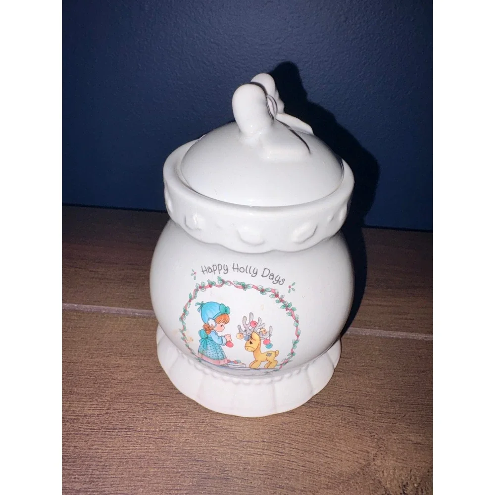 Precious Moments 1994 Happy Holly Days Ceramic Jar‎ Bow Lid Enesco Christmas